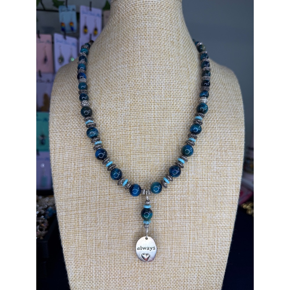 Blue Tiger Eye Beaded Necklace Always Heart Charm Turquoise Accents Handmade